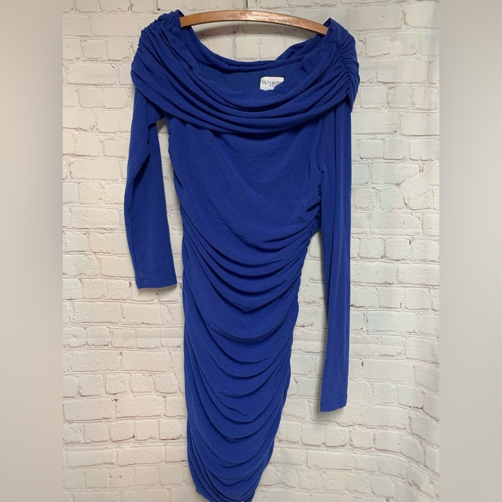 Runway The Label Candor Ruched Bodycon Off the Shoulder Knit Cobalt Dress Size L - Picture 3 of 7